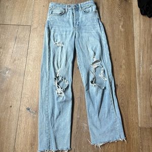 High Waisted Wide Legged Blue Ripped Jeans